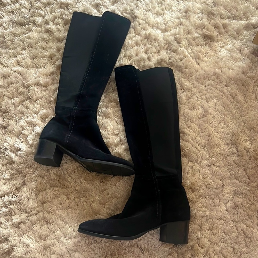Aquatalia Flore Black Suede Leather Stretch Tall Knee High Boots 38.5